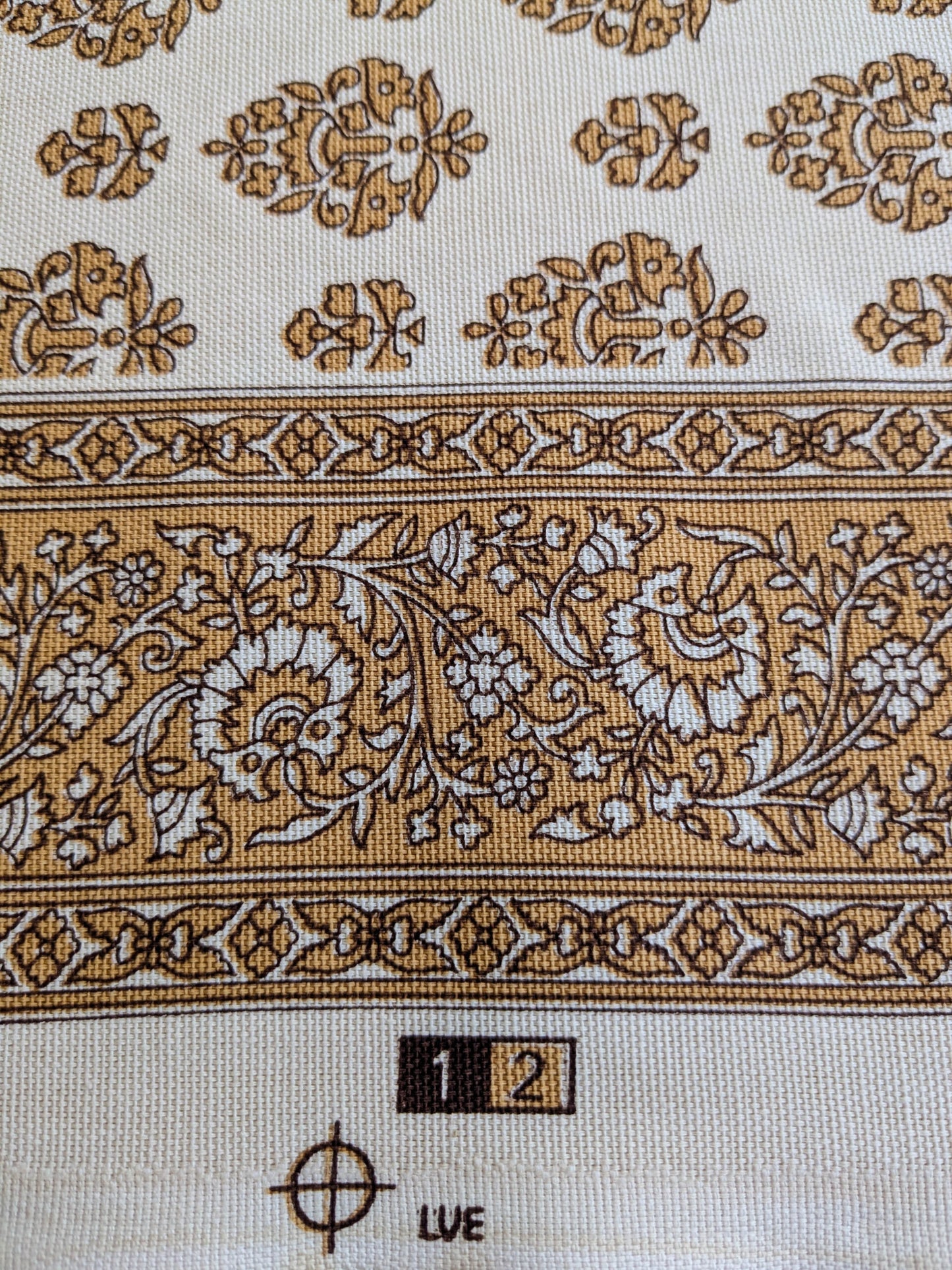 Scalamandre Oscar De La Renta Jaipur Crest Brown Earthy Gold Indian Linen Print with Border