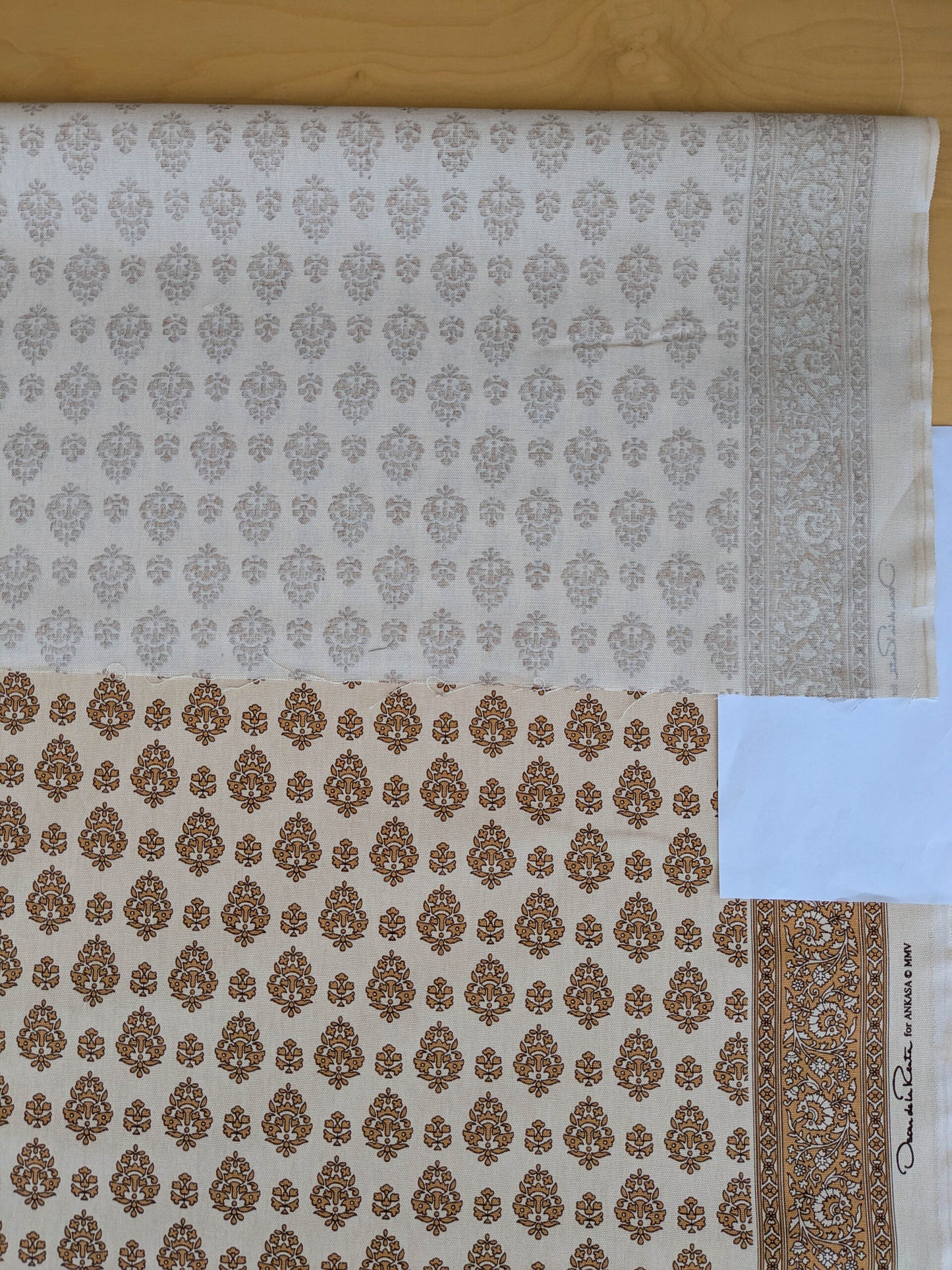 Scalamandre Oscar De La Renta Jaipur Crest Brown Earthy Gold Indian Linen Print with Border