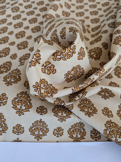 Scalamandre Oscar De La Renta Jaipur Crest Brown Earthy Gold Indian Linen Print with Border