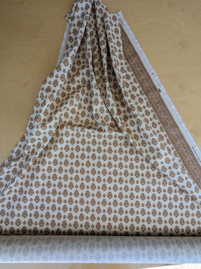 Scalamandre Oscar De La Renta Jaipur Crest Brown Earthy Gold Indian Linen Print with Border