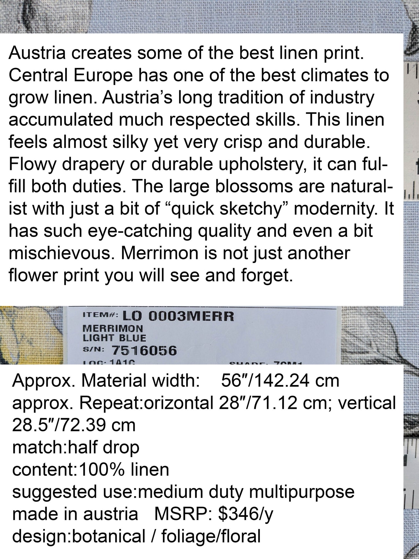 Scalamandre Merrimon in Light Blue Print Silky Linen Fragrant Summer lilac trumpet flower or jimsonweed MSRP USD 346/y