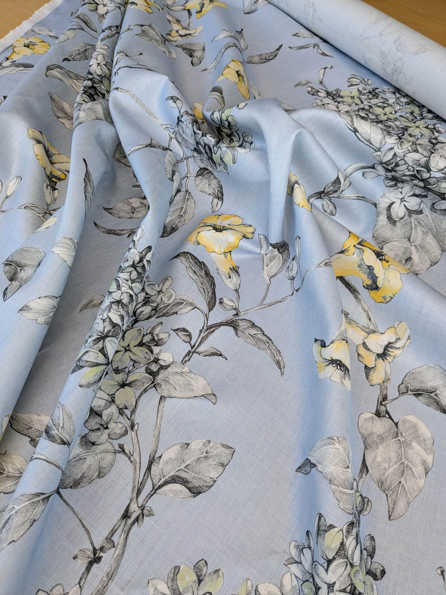 Scalamandre Merrimon in Light Blue Print Silky Linen Fragrant Summer lilac trumpet flower or jimsonweed MSRP USD 346/y