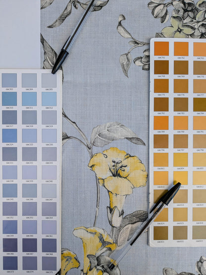 Scalamandre Merrimon in Light Blue Print Silky Linen Fragrant Summer lilac trumpet flower or jimsonweed MSRP USD 346/y