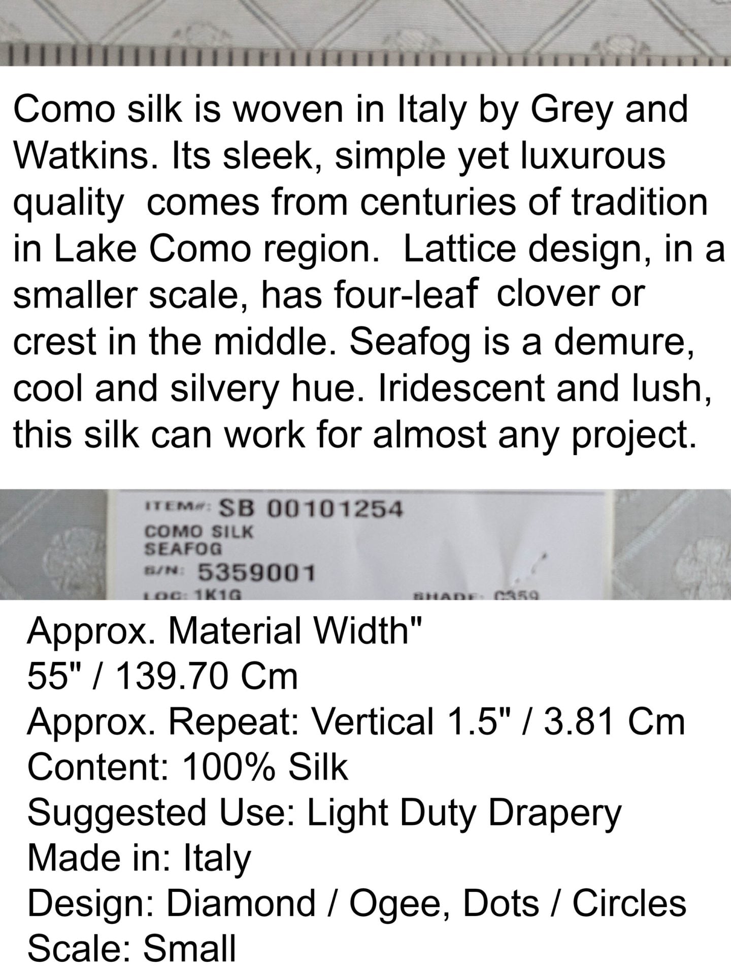 By yard Scalamandre Grey Watkins Como Silk Seafog Light Gray Four -Leaf Clover Diamond Italian Silk Damask Lattice Crest Flora Serene MSRP USD428/y