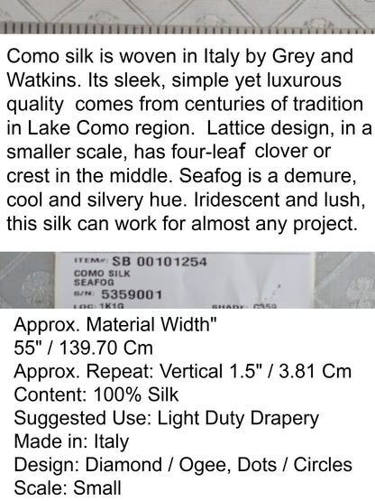 By yard Scalamandre Grey Watkins Como Silk Seafog Light Gray Four -Leaf Clover Diamond Italian Silk Damask Lattice Crest Flora Serene MSRP USD428/y