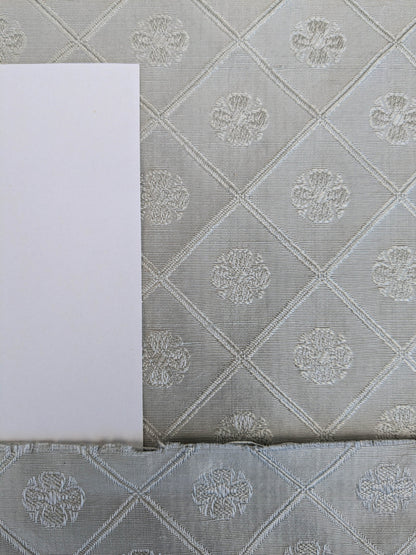 By yard Scalamandre Grey Watkins Como Silk Seafog Light Gray Four -Leaf Clover Diamond Italian Silk Damask Lattice Crest Flora Serene MSRP USD428/y