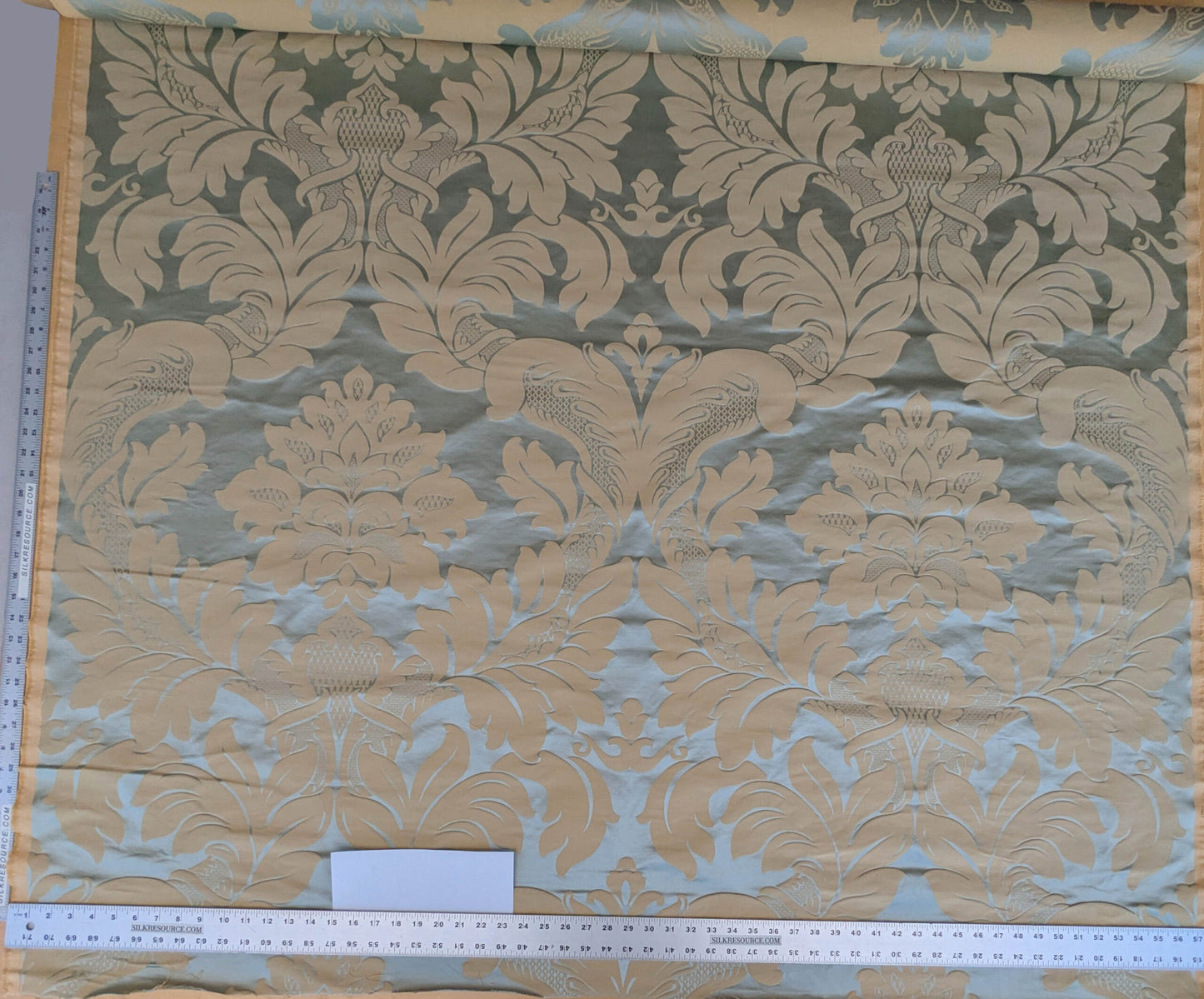 By Yard Loggia Silk Cotton Renaissance Damask Satin Aqua Light Blue Beige  Highest Quality MSRP USD 500+/Y