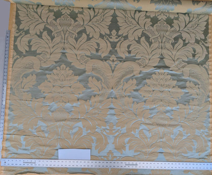 By Yard Loggia Silk Cotton Renaissance Damask Satin Aqua Light Blue Beige  Highest Quality MSRP USD 500+/Y