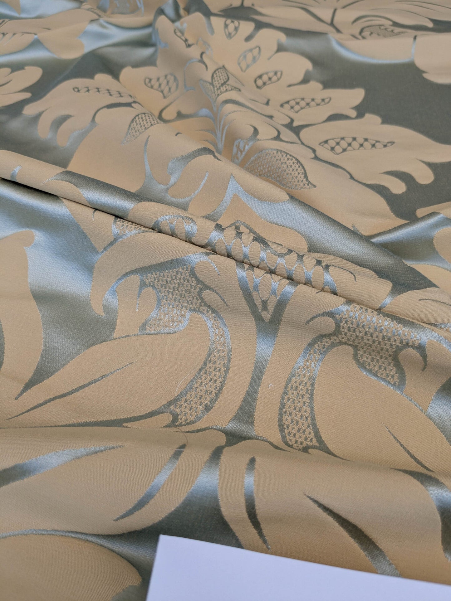 By Yard Loggia Silk Cotton Renaissance Damask Satin Aqua Light Blue Beige  Highest Quality MSRP USD 500+/Y