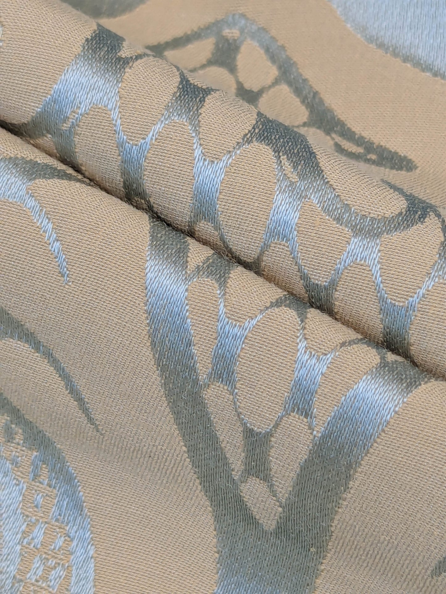By Yard Loggia Silk Cotton Renaissance Damask Satin Aqua Light Blue Beige  Highest Quality MSRP USD 500+/Y