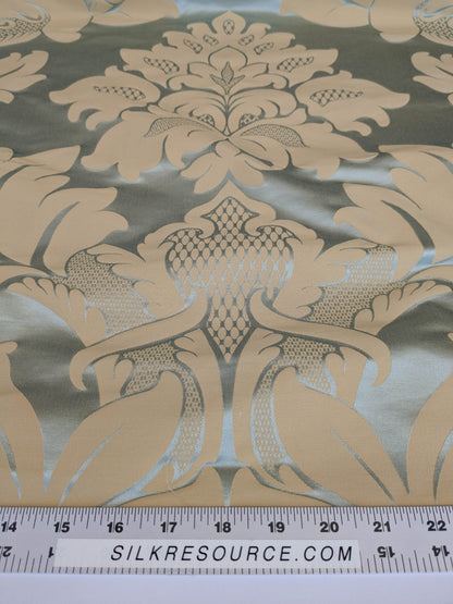 By Yard Loggia Silk Cotton Renaissance Damask Satin Aqua Light Blue Beige  Highest Quality MSRP USD 500+/Y