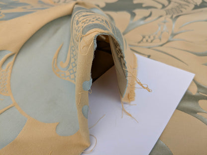 By Yard Loggia Silk Cotton Renaissance Damask Satin Aqua Light Blue Beige  Highest Quality MSRP USD 500+/Y