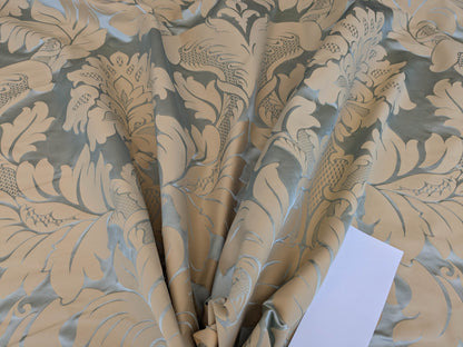 By Yard Loggia Silk Cotton Renaissance Damask Satin Aqua Light Blue Beige  Highest Quality MSRP USD 500+/Y