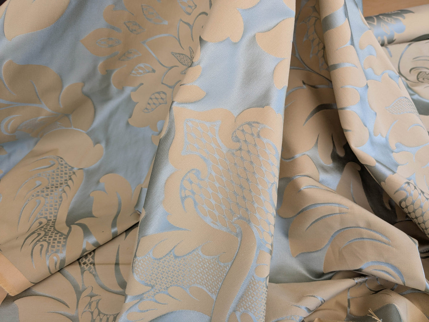 By Yard Loggia Silk Cotton Renaissance Damask Satin Aqua Light Blue Beige  Highest Quality MSRP USD 500+/Y
