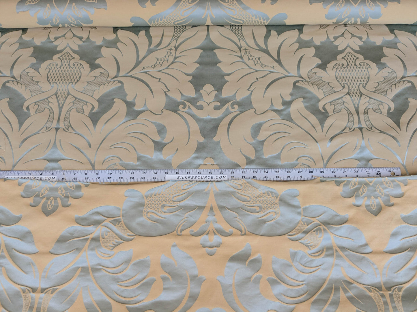 By Yard Loggia Silk Cotton Renaissance Damask Satin Aqua Light Blue Beige  Highest Quality MSRP USD 500+/Y