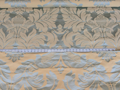 By Yard Loggia Silk Cotton Renaissance Damask Satin Aqua Light Blue Beige  Highest Quality MSRP USD 500+/Y