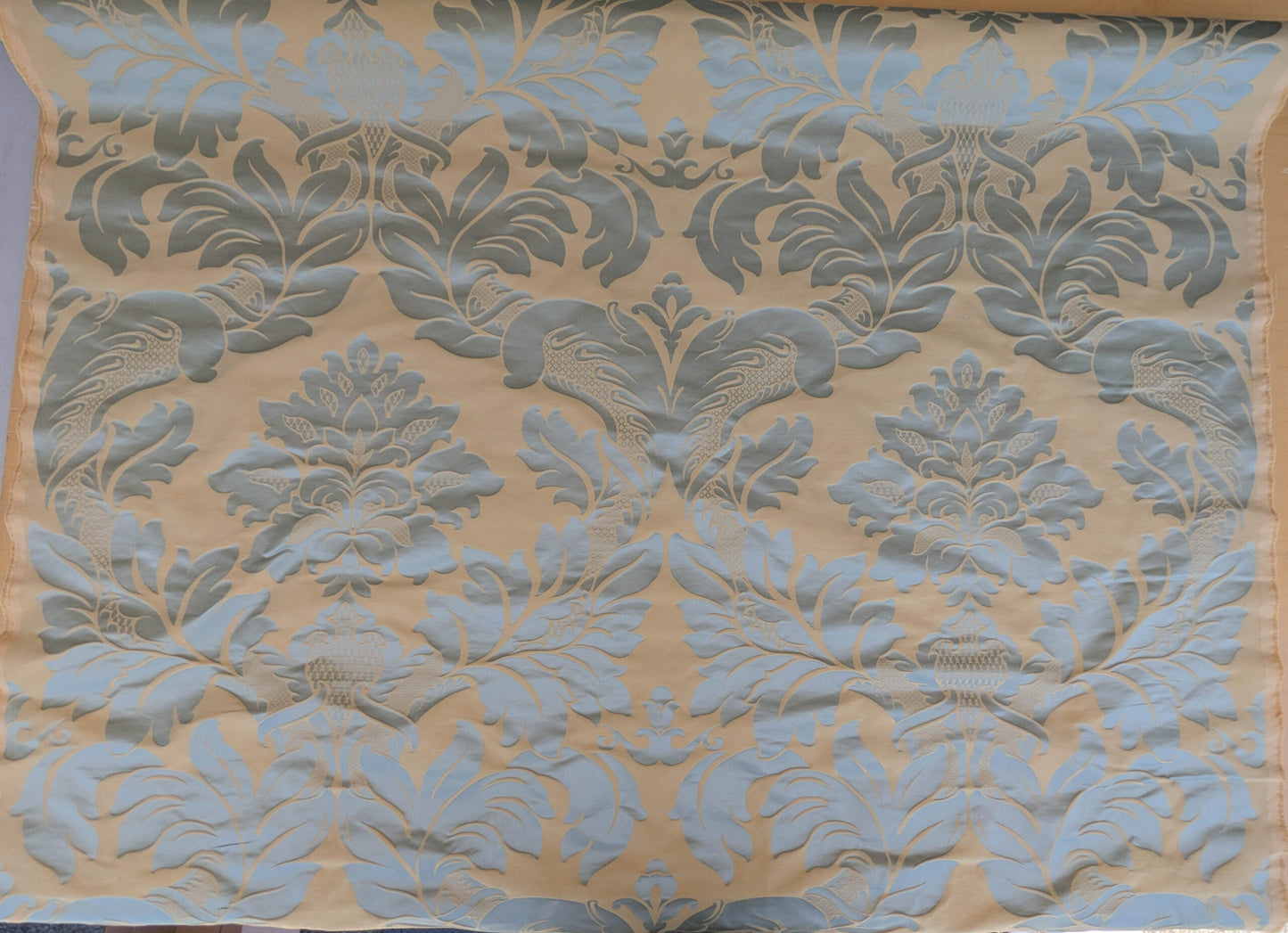 By Yard Loggia Silk Cotton Renaissance Damask Satin Aqua Light Blue Beige  Highest Quality MSRP USD 500+/Y