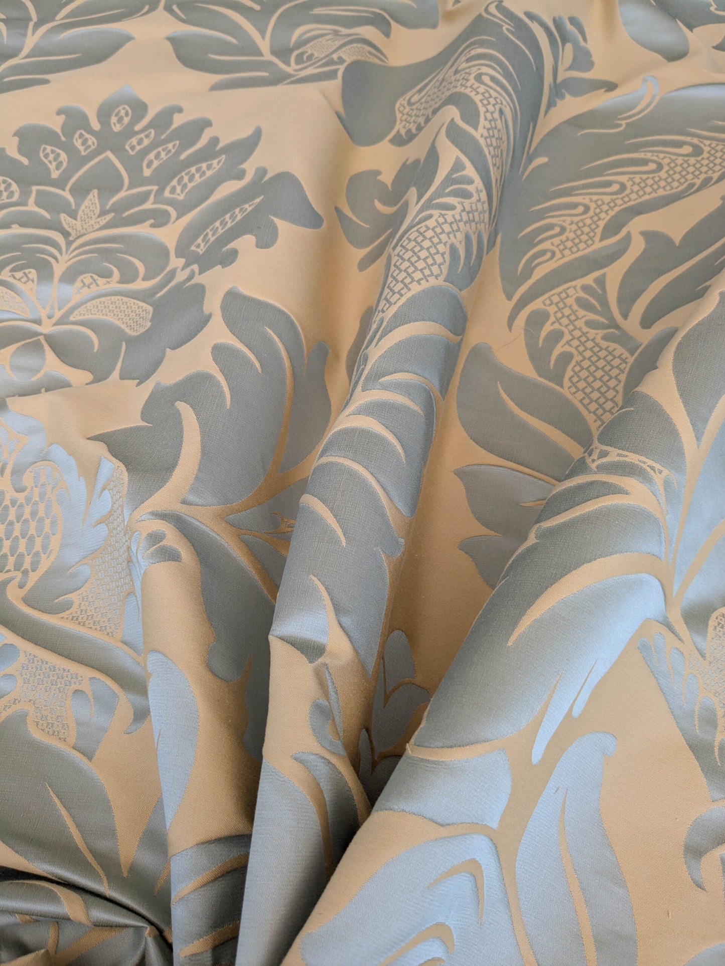 By Yard Loggia Silk Cotton Renaissance Damask Satin Aqua Light Blue Beige  Highest Quality MSRP USD 500+/Y