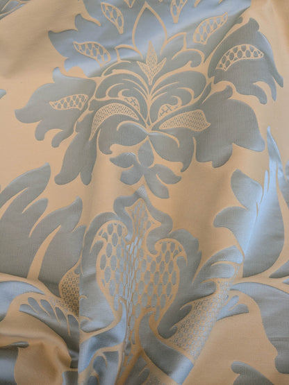 By Yard Loggia Silk Cotton Renaissance Damask Satin Aqua Light Blue Beige  Highest Quality MSRP USD 500+/Y