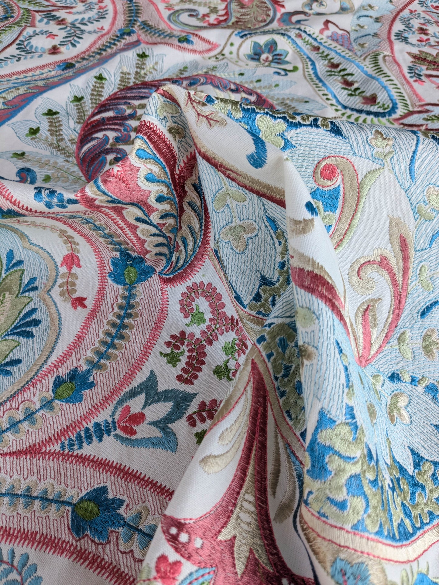 By yard Scalamandre Malabar Paisley Embroidery Bloom Blue Pink White Rich Spring Colors MSRP USD 620/y