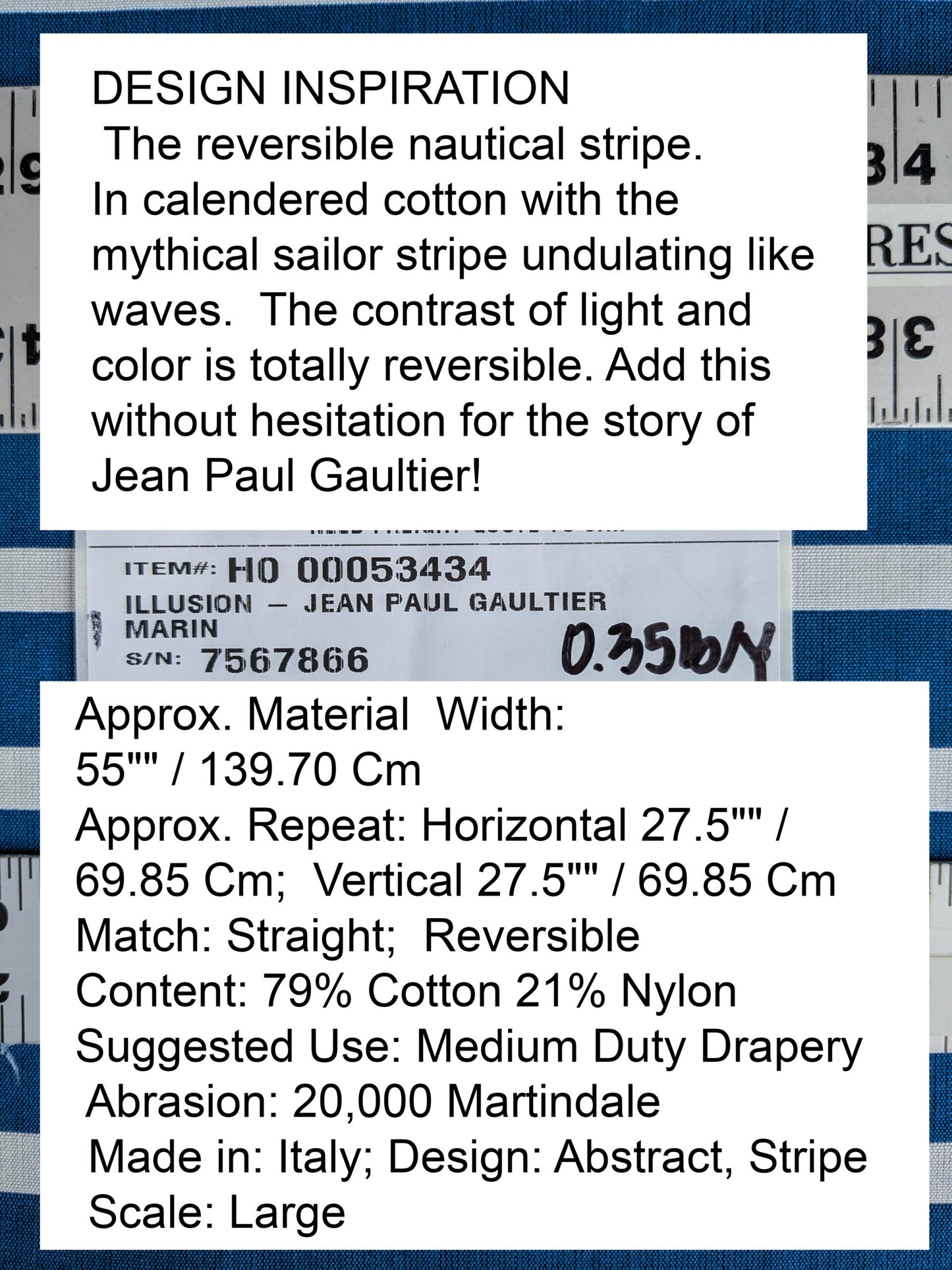 By yard Scalamandre Jean Paul Gaultier Illusion Marin Blue White Stripe Abstract Coton MSRP USD 644/yard