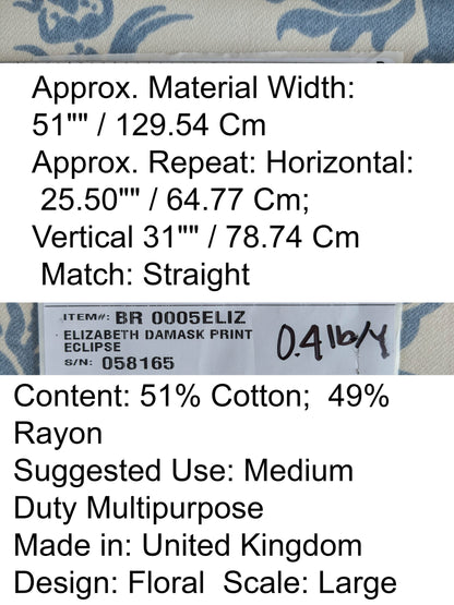 By yard Scalamandre Elizabeth Damask Print Eclipse Blue White Floral Large Scale Cotton Rayon MSRP USD420/y