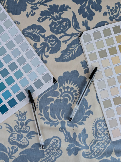 By yard Scalamandre Elizabeth Damask Print Eclipse Blue White Floral Large Scale Cotton Rayon MSRP USD420/y