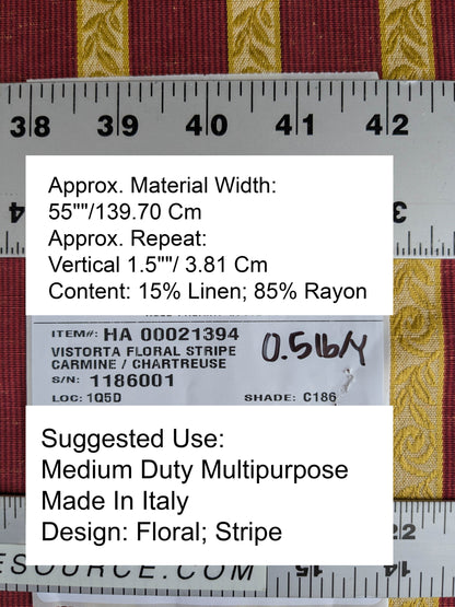 Scalamandre Vistorta Floral Stripe Carmine Chartreuse Red Gold  Floral Linen Rayon MSRP USD 148/y