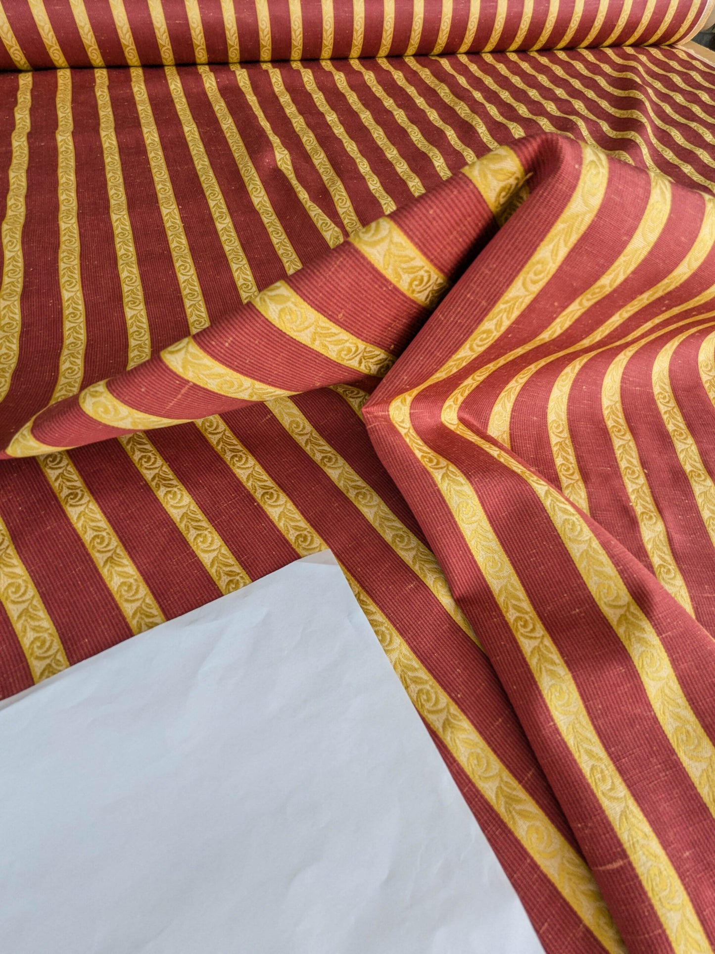 Scalamandre Vistorta Floral Stripe Carmine Chartreuse Red Gold  Floral Linen Rayon MSRP USD 148/y