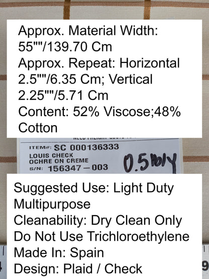 Scalamandre Louis Check Ochre on Creme Brown Beige Cotton Viscose Cotton Windowpane Plaid Check MSRP USD 176/y