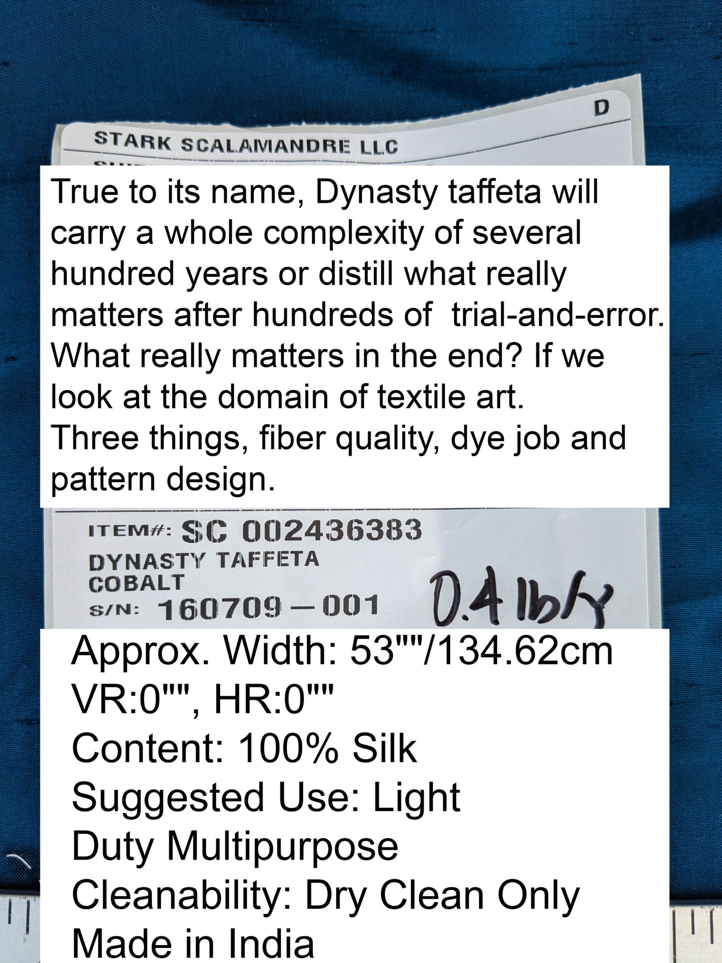 by yard Scalamandre Dynasty Taffeta Cobalt Blue Solid 100% Silk Heavy MSRP USD 322/y