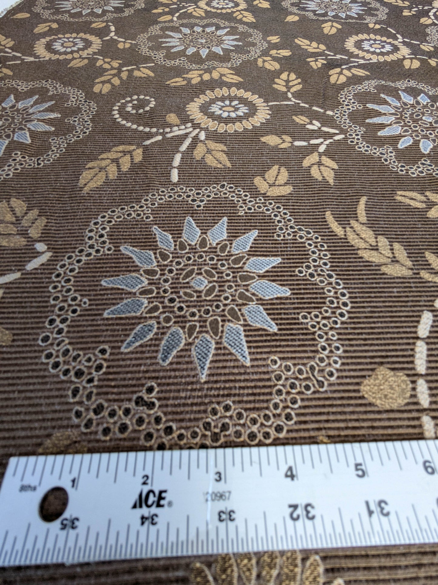 By Yard Scalamandre Kasumi Chocolate Brown Silk Lampas Kimono Daisy Flower Art Deco MSRP USD 276/Y