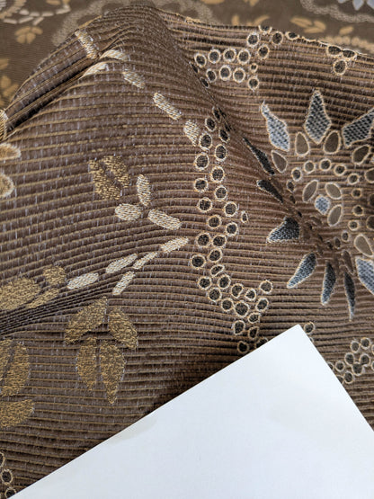 By Yard Scalamandre Kasumi Chocolate Brown Silk Lampas Kimono Daisy Flower Art Deco MSRP USD 276/Y