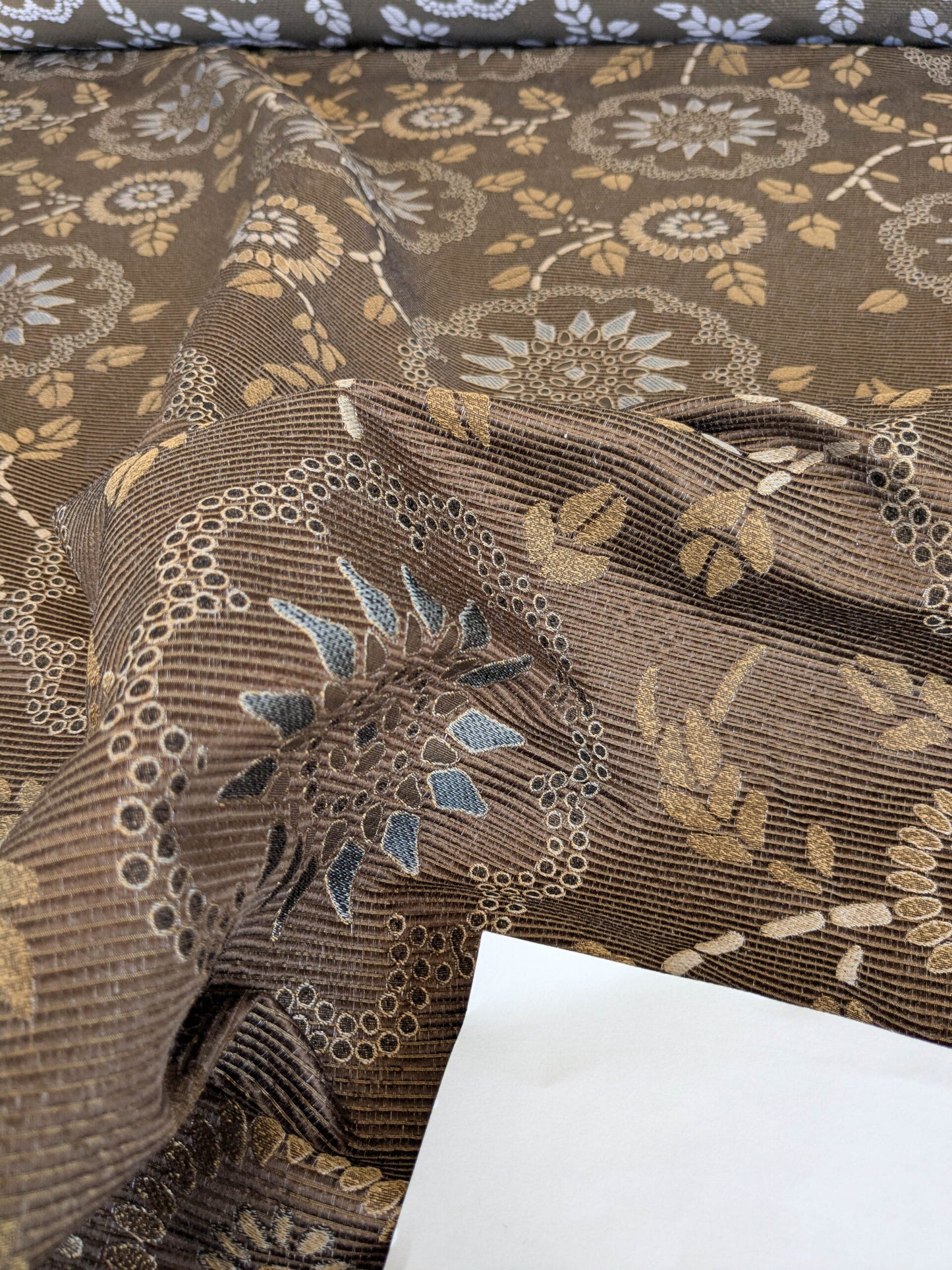 By Yard Scalamandre Kasumi Chocolate Brown Silk Lampas Kimono Daisy Flower Art Deco MSRP USD 276/Y
