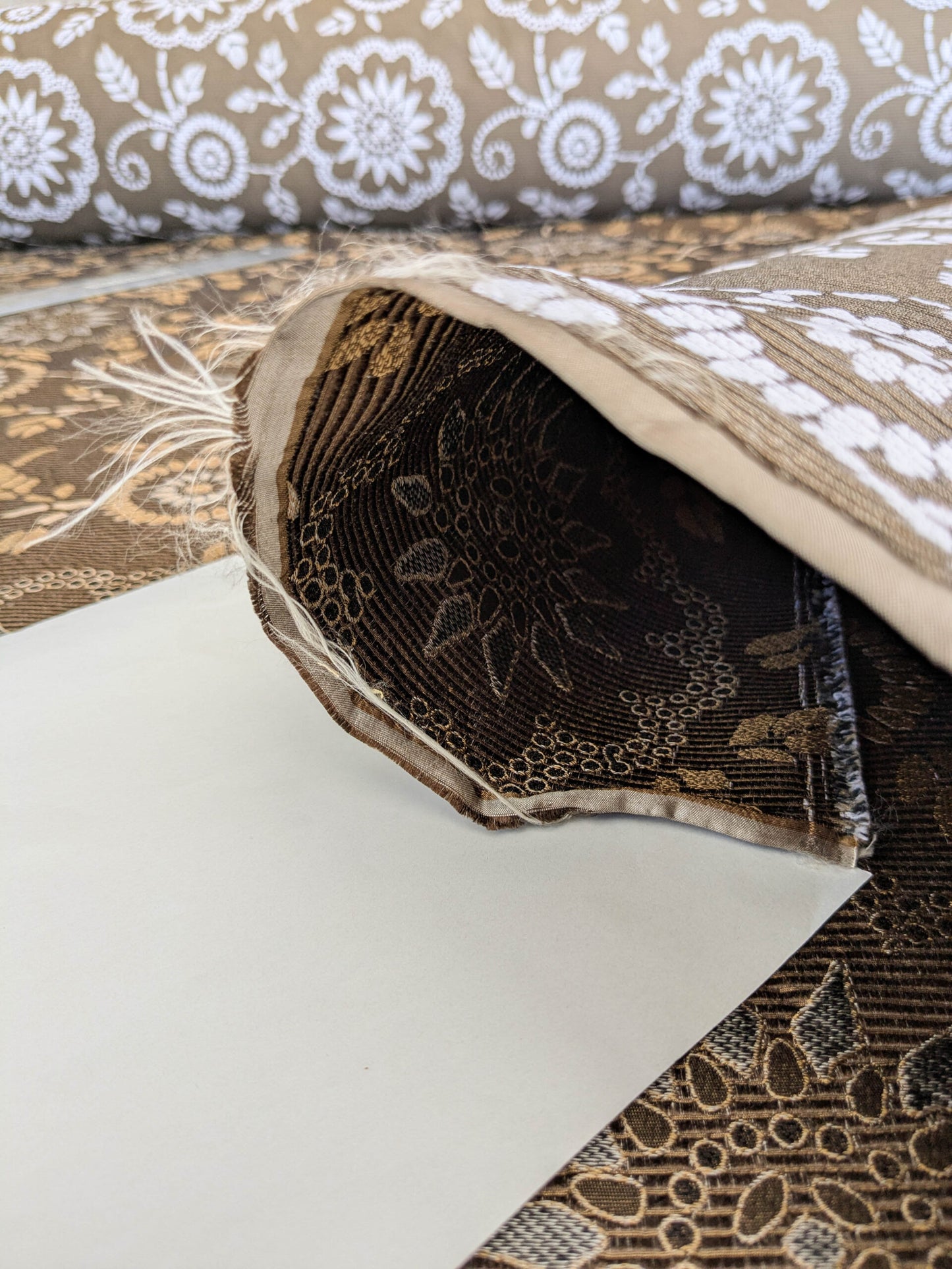 By Yard Scalamandre Kasumi Chocolate Brown Silk Lampas Kimono Daisy Flower Art Deco MSRP USD 276/Y