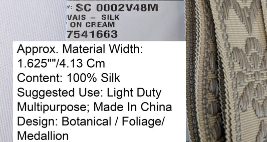 Scalamandre Trim Beauvais Silk Grey on Cream Botanical Foliage Medallion MSRP USD 98/y