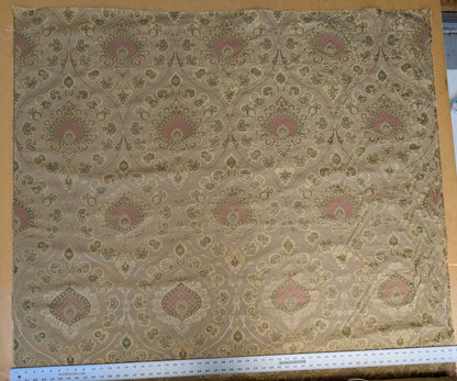 By Yd 100%silk Lampas Renaissance Medallion of Flora  Ambrosia Green Pink Tan