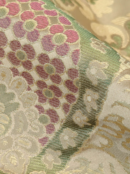 By Yd 100%silk Lampas Renaissance Medallion of Flora  Ambrosia Green Pink Tan