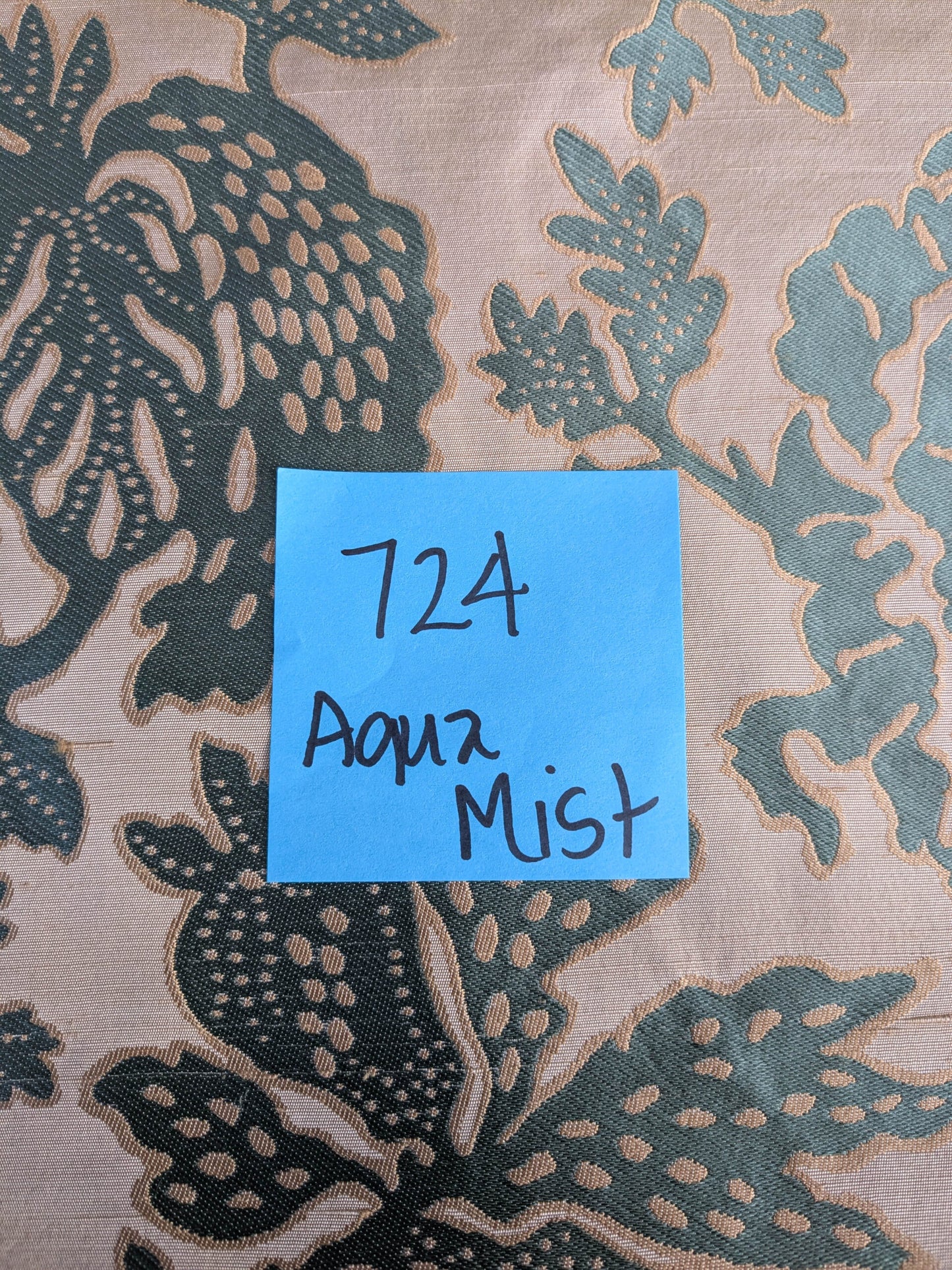 BTY 100% Silk Lampas Papercut Tree Of Life Pom "Aquamist" Aqua Blue Beige