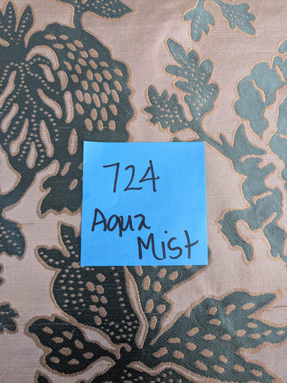 BTY 100% Silk Lampas Papercut Tree Of Life Pom "Aquamist" Aqua Blue Beige