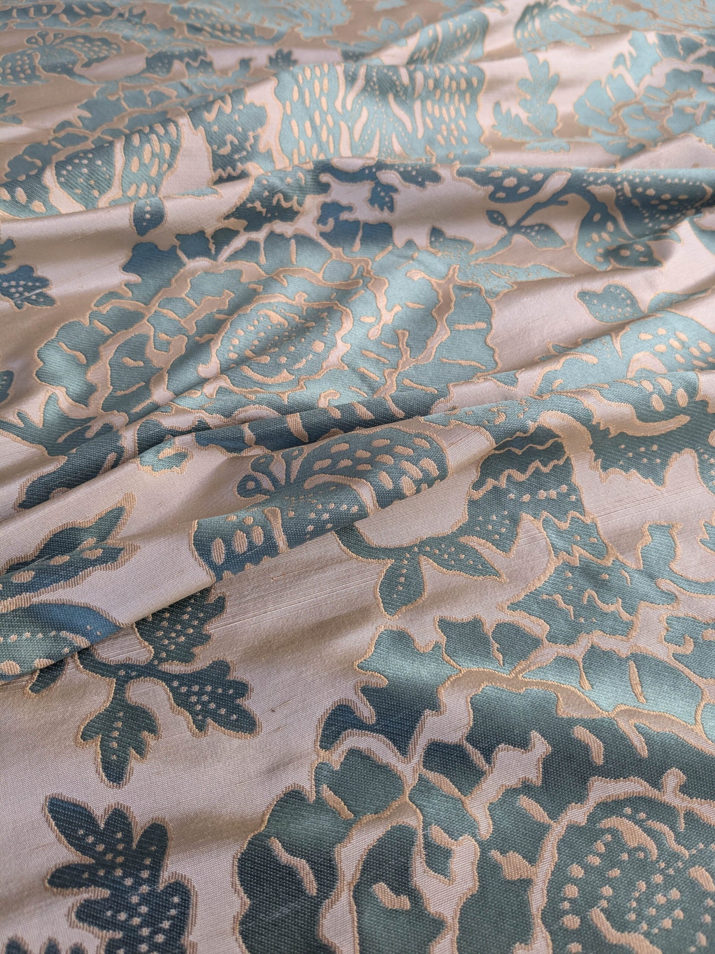 BTY 100% Silk Lampas Papercut Tree Of Life Pom "Aquamist" Aqua Blue Beige