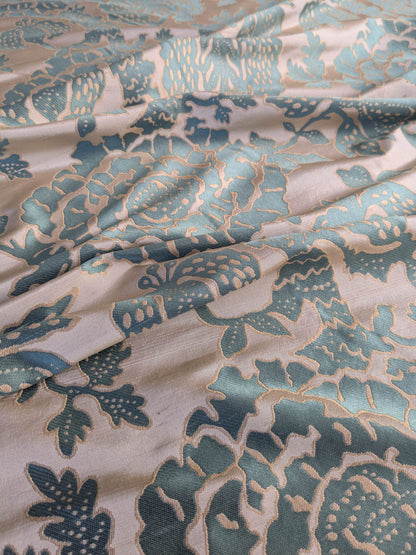 BTY 100% Silk Lampas Papercut Tree Of Life Pom "Aquamist" Aqua Blue Beige