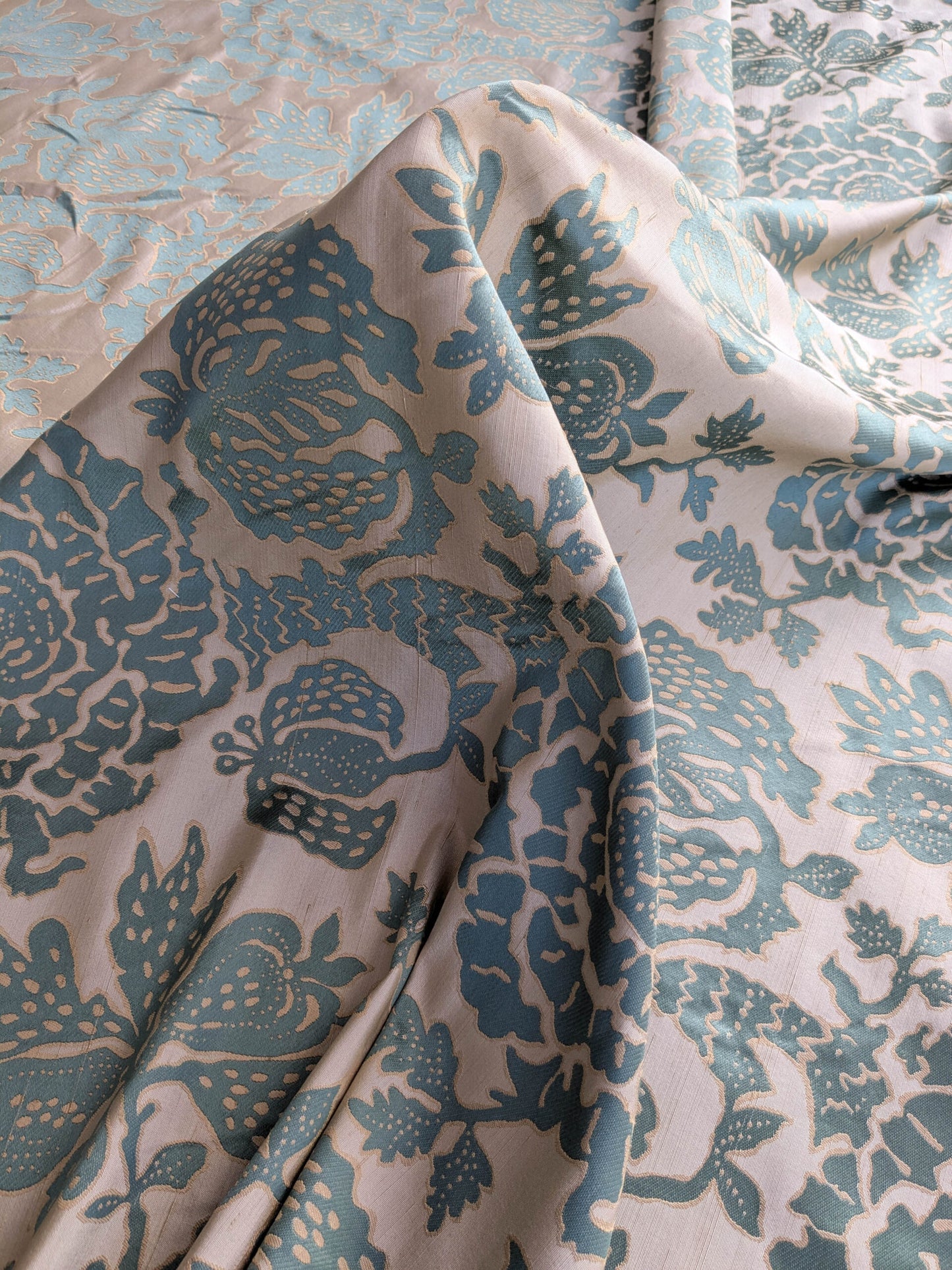 BTY 100% Silk Lampas Papercut Tree Of Life Pom "Aquamist" Aqua Blue Beige