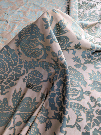 BTY 100% Silk Lampas Papercut Tree Of Life Pom "Aquamist" Aqua Blue Beige