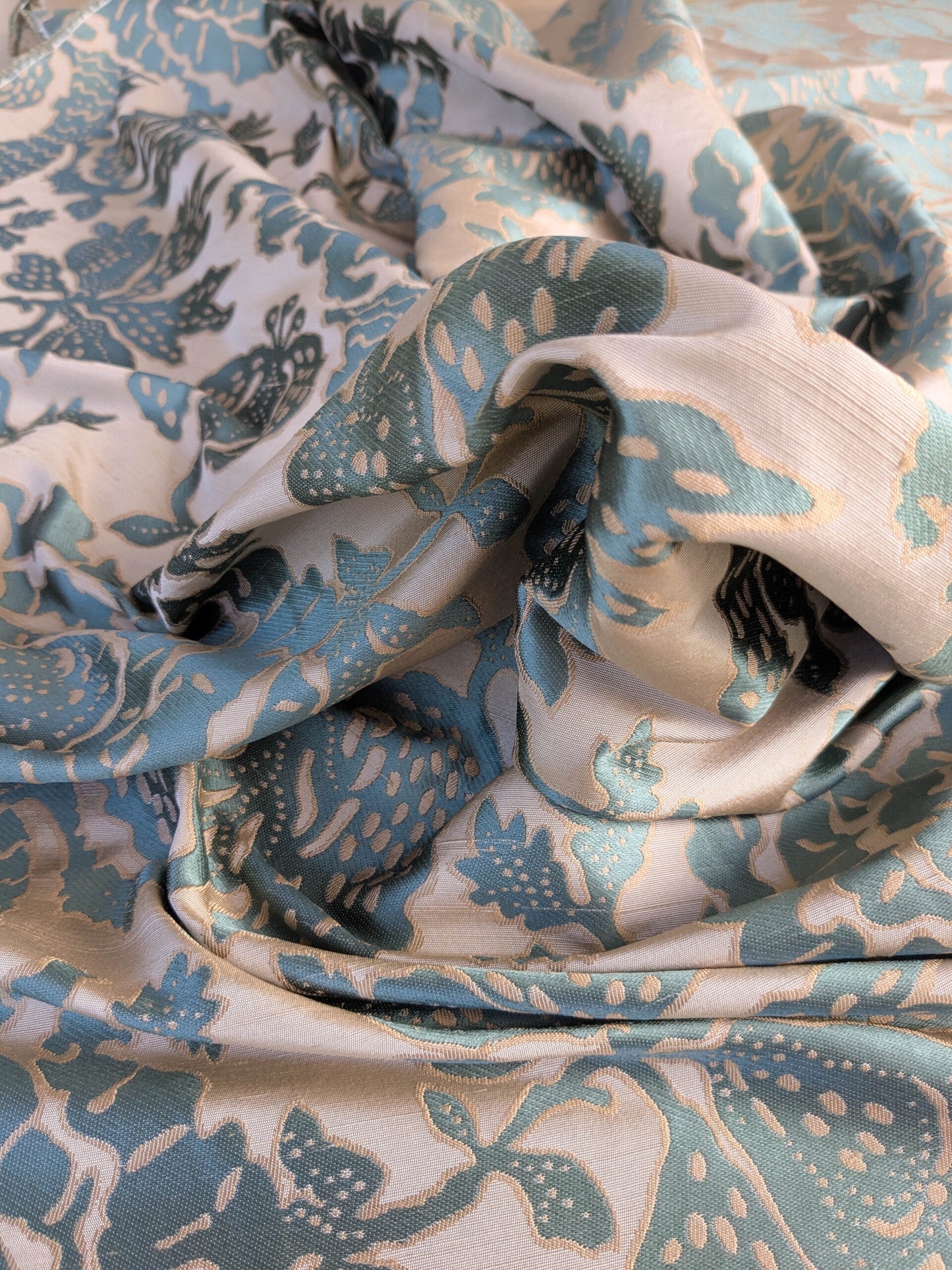 BTY 100% Silk Lampas Papercut Tree Of Life Pom "Aquamist" Aqua Blue Beige