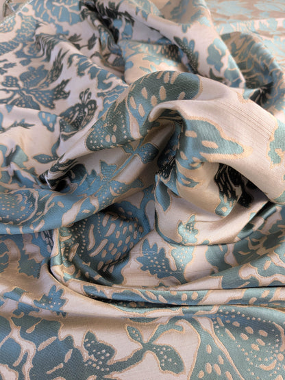 BTY 100% Silk Lampas Papercut Tree Of Life Pom "Aquamist" Aqua Blue Beige