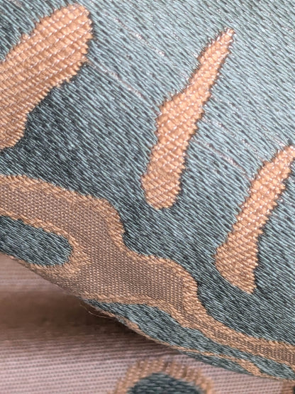 BTY 100% Silk Lampas Papercut Tree Of Life Pom "Aquamist" Aqua Blue Beige