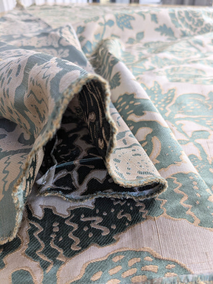 BTY 100% Silk Lampas Papercut Tree Of Life Pom "Aquamist" Aqua Blue Beige