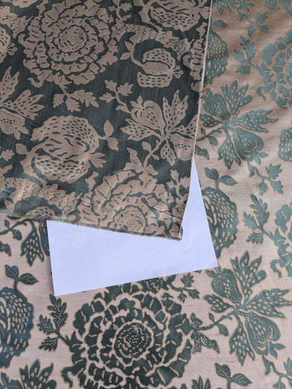 BTY 100% Silk Lampas Papercut Tree Of Life Pom "Aquamist" Aqua Blue Beige