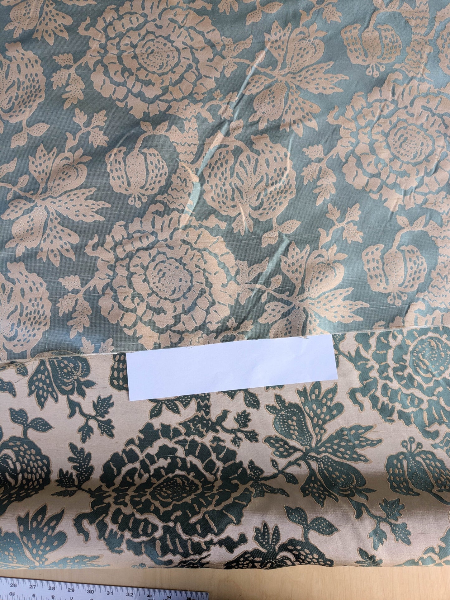 BTY 100% Silk Lampas Papercut Tree Of Life Pom "Aquamist" Aqua Blue Beige